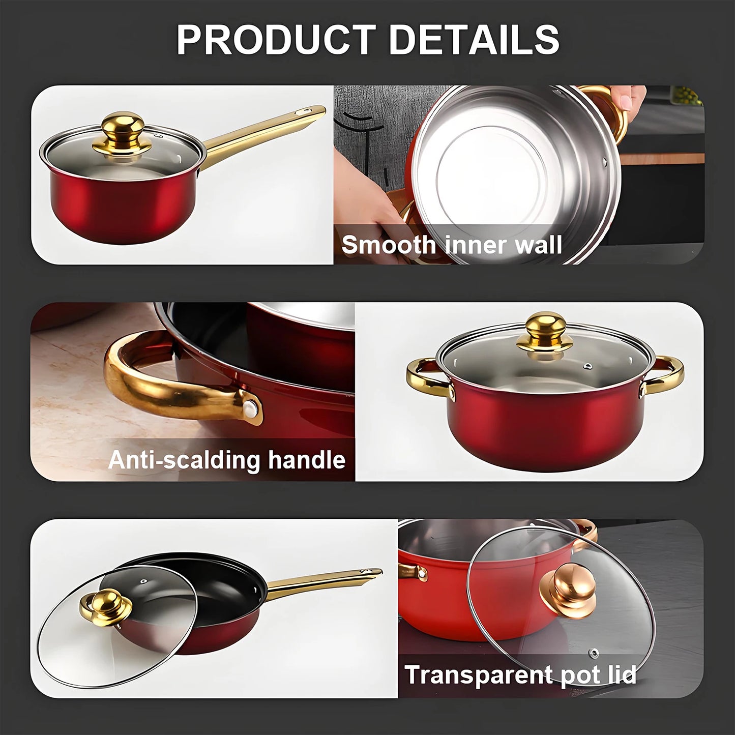 Red Cookware Set, 12-Piece ,Stainless Steel, Non-Stick,