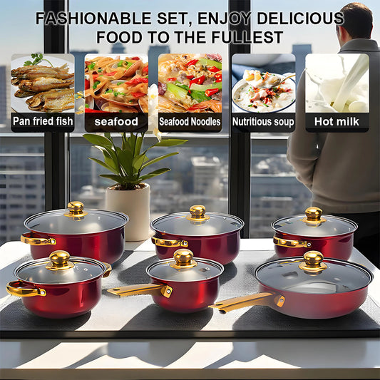 Red Cookware Set, 12-Piece ,Stainless Steel, Non-Stick,