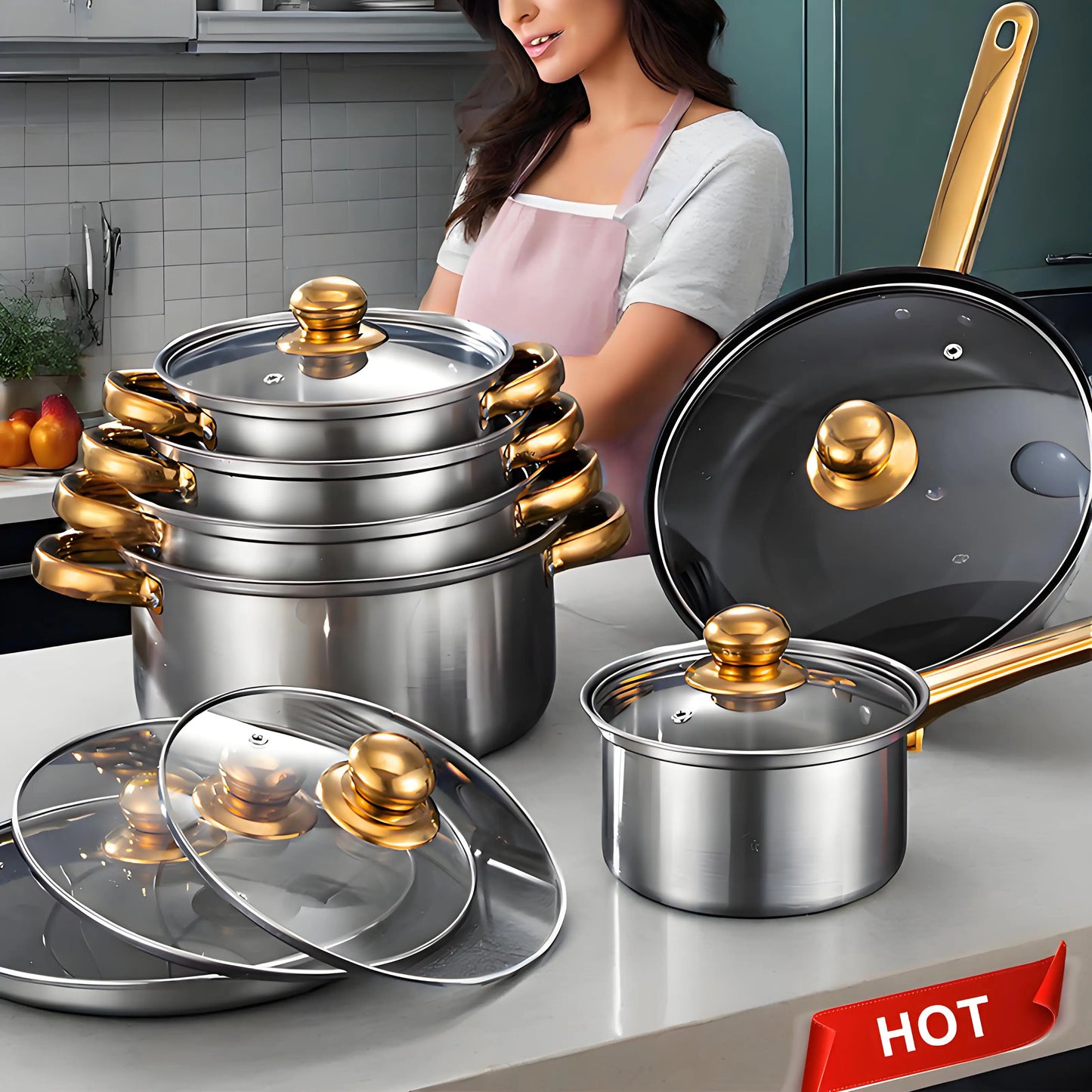Red Cookware Set, 12-Piece ,Stainless Steel, Non-Stick,