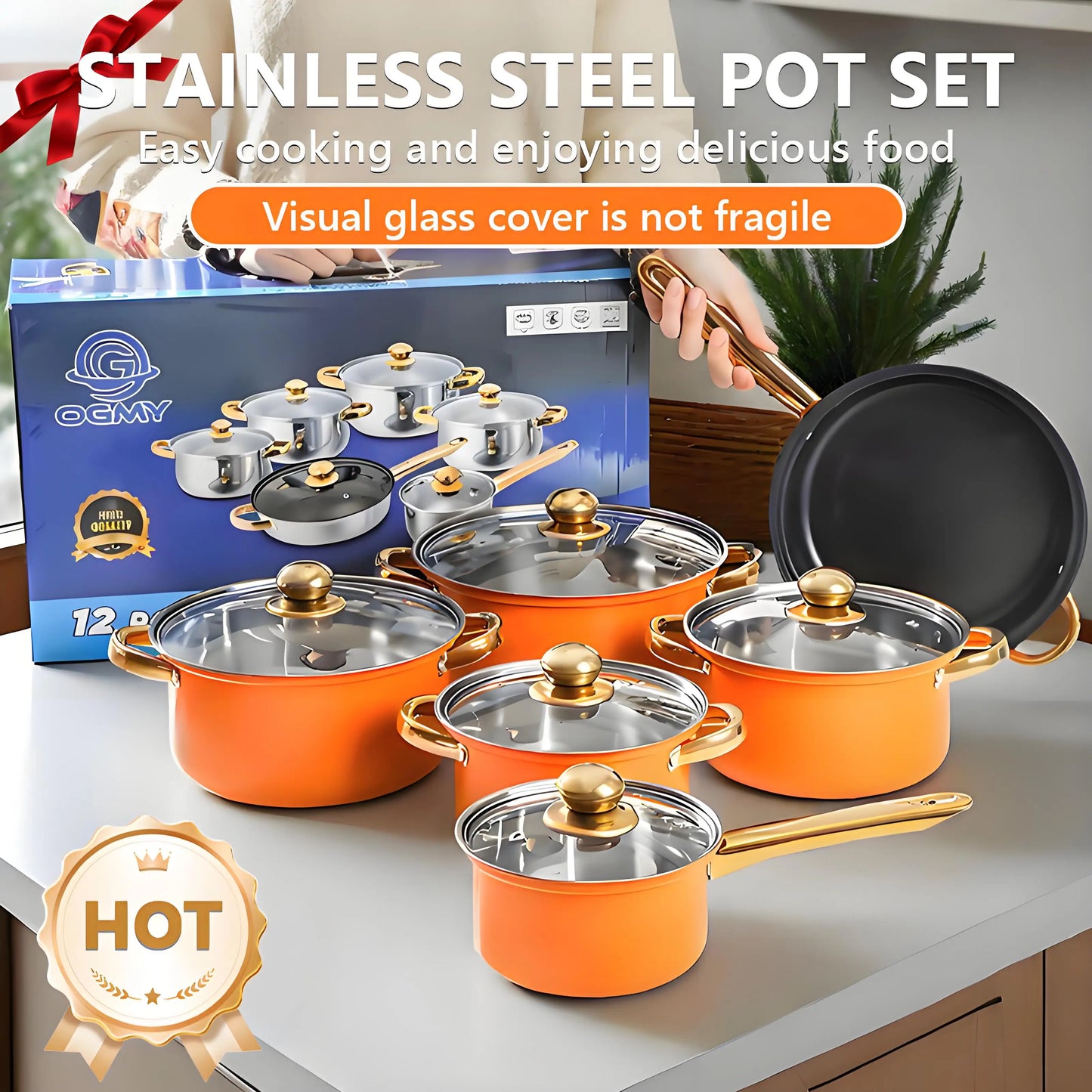 Red Cookware Set, 12-Piece ,Stainless Steel, Non-Stick,