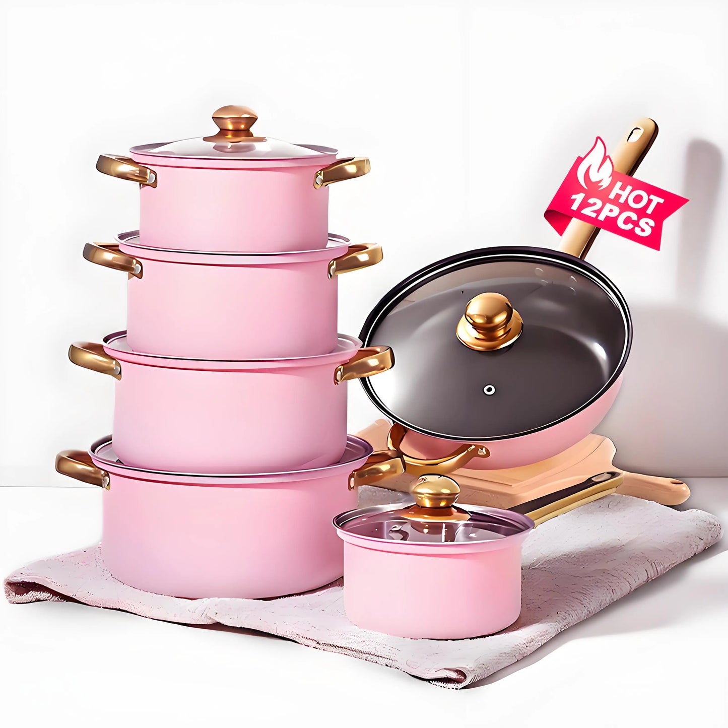 Red Cookware Set, 12-Piece ,Stainless Steel, Non-Stick,