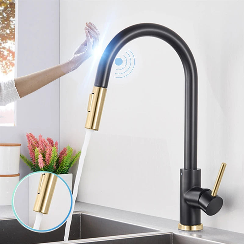 Black Sensor Kitchen Faucets Stainless Steel Smart I Pull Out  Handle Touch Control