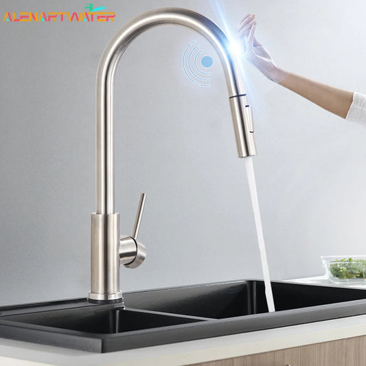 Black Sensor Kitchen Faucets Stainless Steel Smart I Pull Out  Handle Touch Control