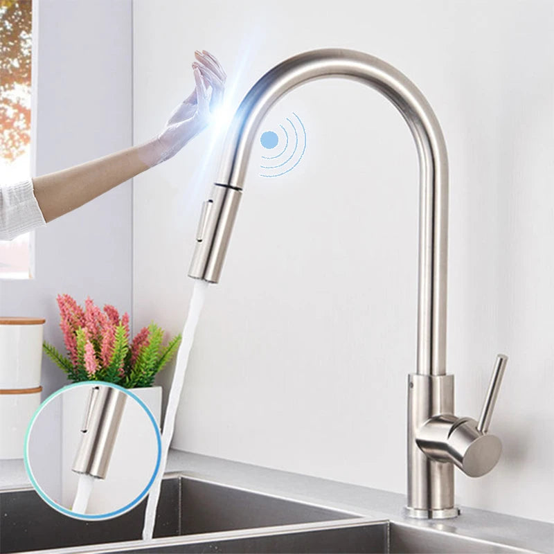 Black Sensor Kitchen Faucets Stainless Steel Smart I Pull Out  Handle Touch Control