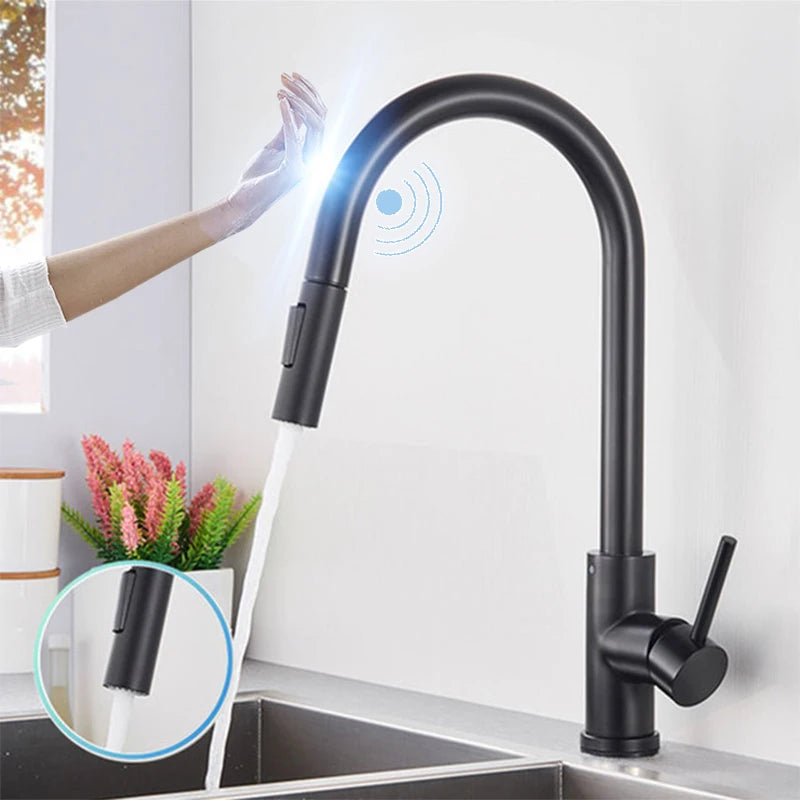 Black Sensor Kitchen Faucets Stainless Steel Smart I Pull Out  Handle Touch Control