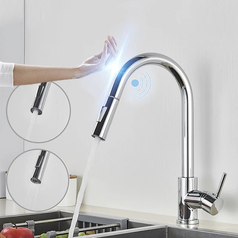 Black Sensor Kitchen Faucets Stainless Steel Smart I Pull Out  Handle Touch Control