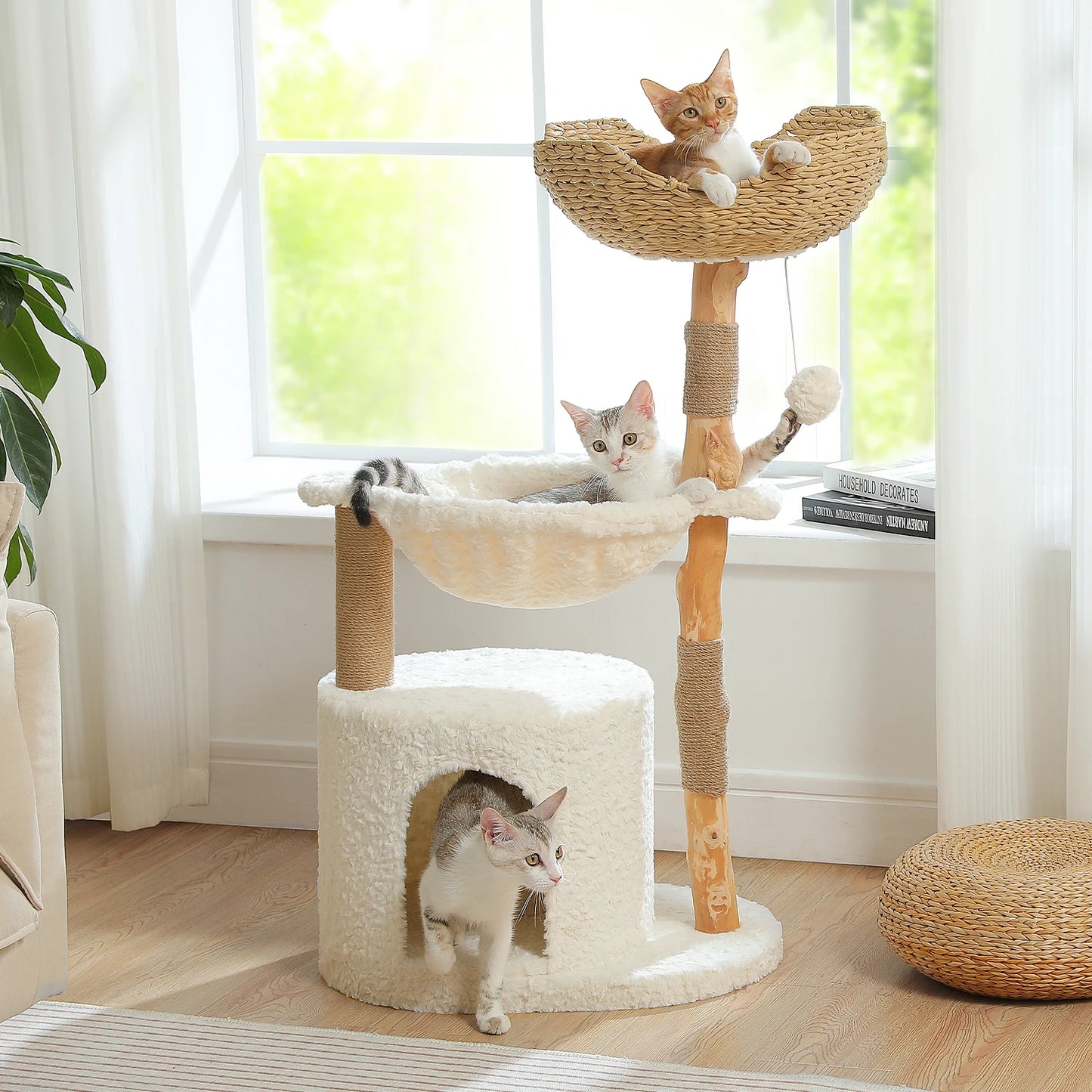 Modern Cat Tree Tower with Natural Solid Wood