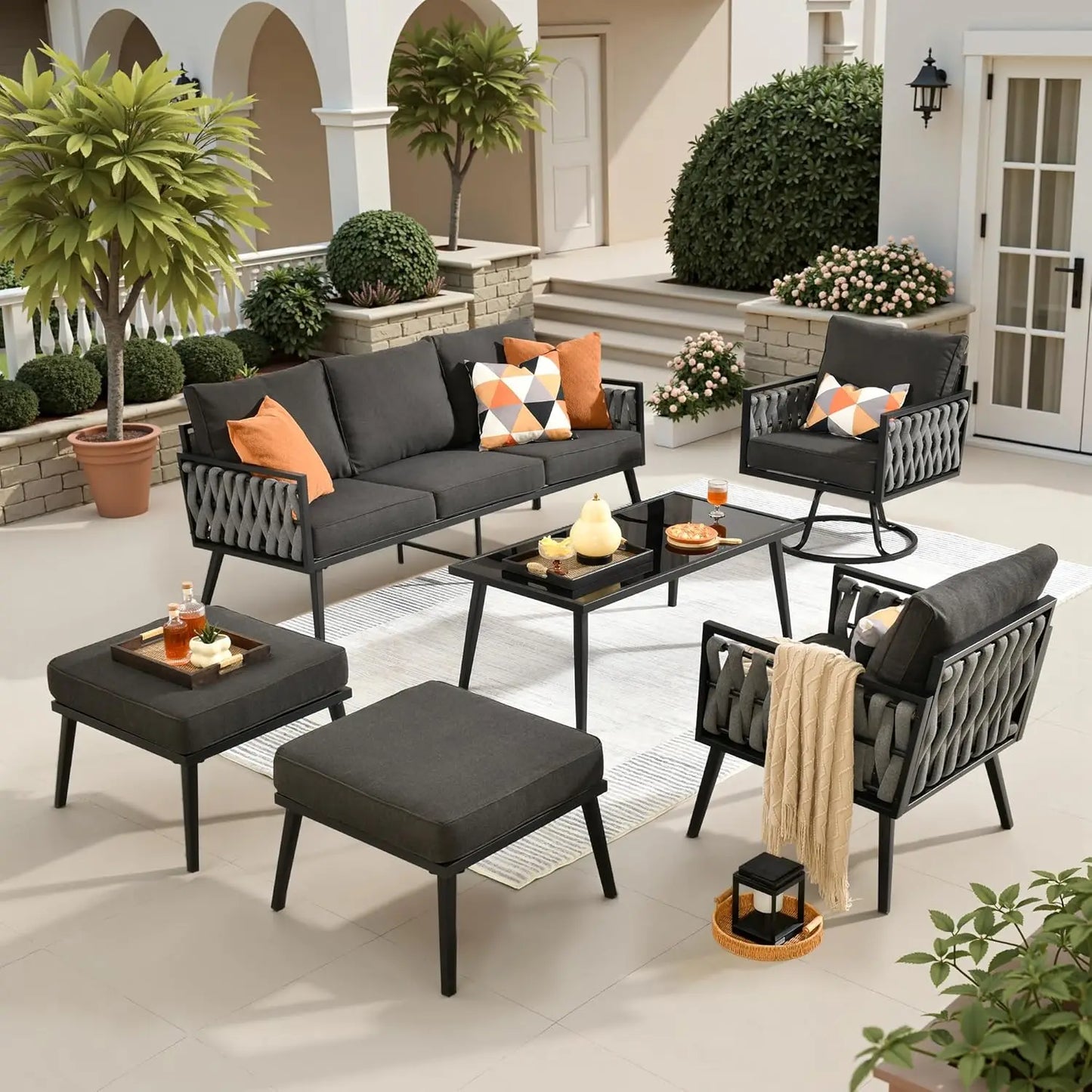 6 Pieces Patio Furniture Set with Swivel Chair,Metal Frame Modern Outdoor Sofa & Chairs Set,All Weather Outdoor Conversation