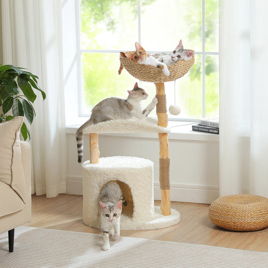 Modern Cat Tree Tower with Natural Solid Wood