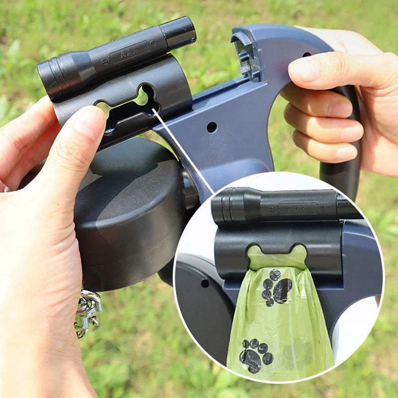 3in1 Double Head Automatic retractable Dog leash Flashlight Poop Bag Dispenser