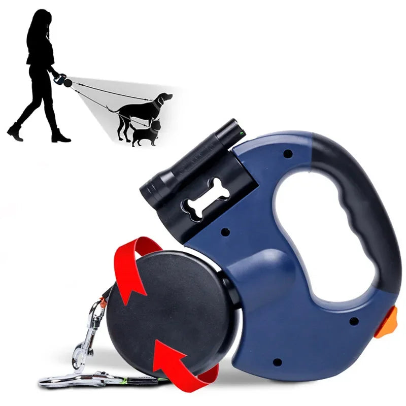 3in1 Double Head Automatic retractable Dog leash Flashlight Poop Bag Dispenser