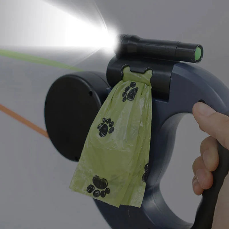3in1 Double Head Automatic retractable Dog leash Flashlight Poop Bag Dispenser