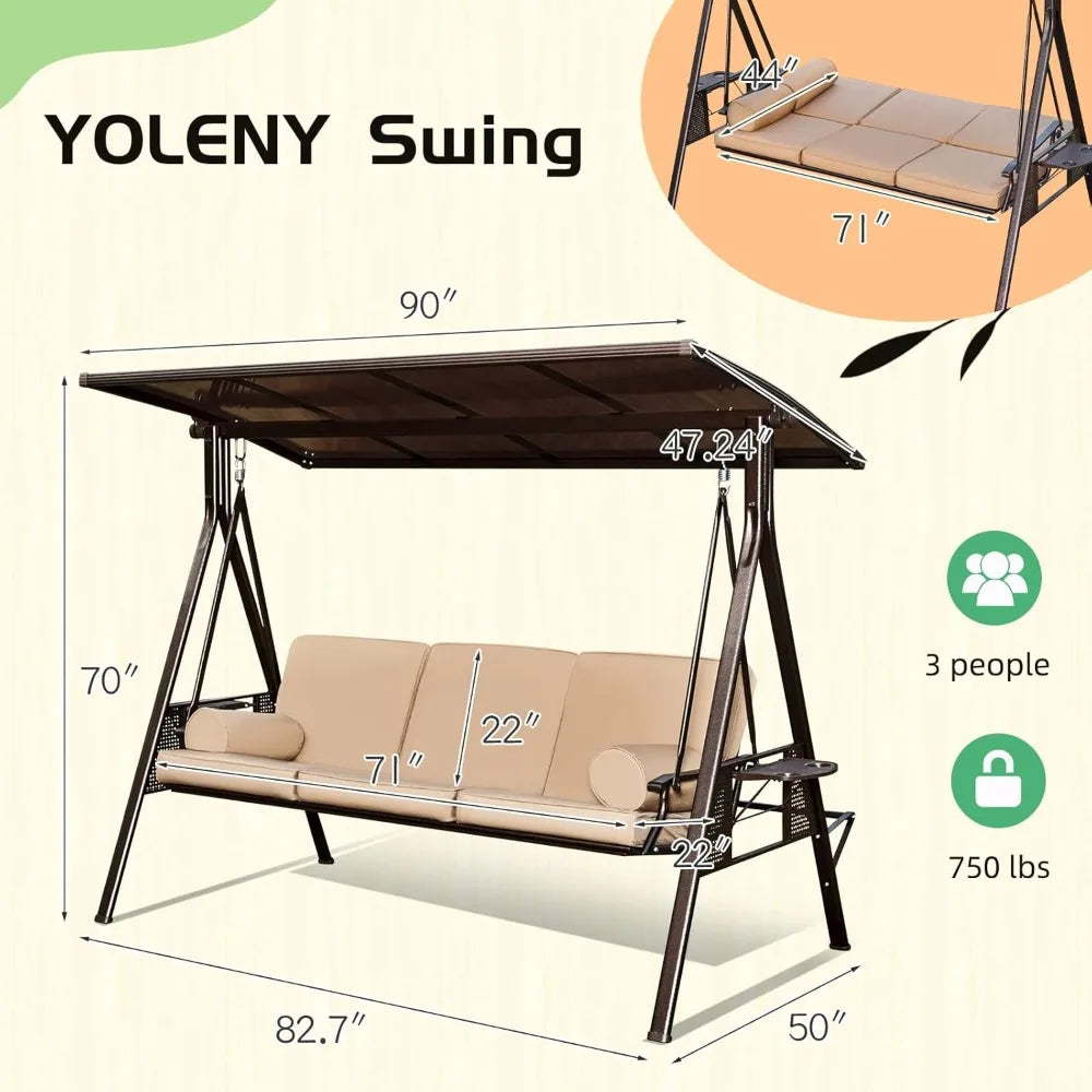 Oversized Outdoor Porch Swing with Hardtop, 3 Seat Patio Swing