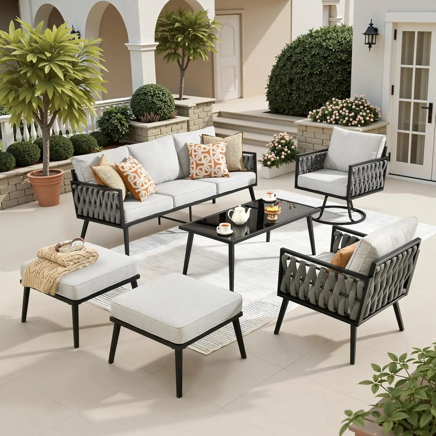 6 Pieces Patio Furniture Set with Swivel Chair,Metal Frame Modern Outdoor Sofa & Chairs Set,All Weather Outdoor Conversation