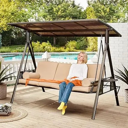Oversized Outdoor Porch Swing with Hardtop, 3 Seat Patio Swing