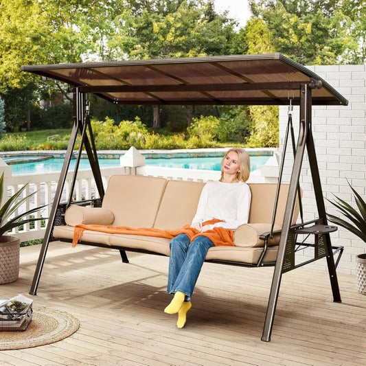 Oversized Outdoor Porch Swing with Hardtop, 3 Seat Patio Swing