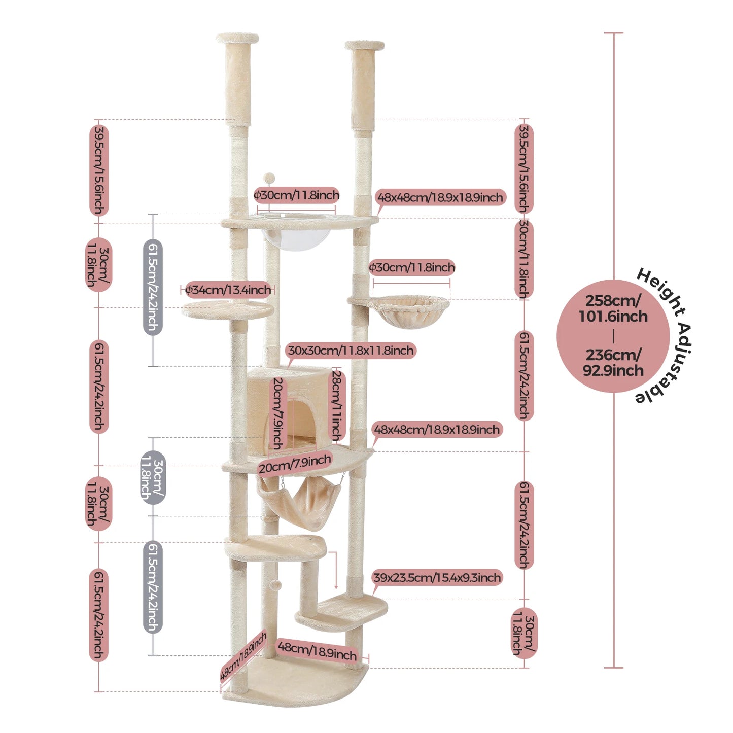 Safe Adjustable  236-258cm  Cat Tree Tower