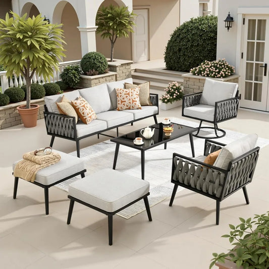 6 Pieces Patio Furniture Set with Swivel Chair,Metal Frame Modern Outdoor Sofa & Chairs Set,All Weather Outdoor Conversation