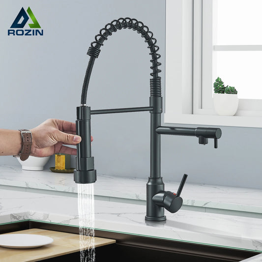 Black Kitchen Faucet With Pull Down Spring Sprayer