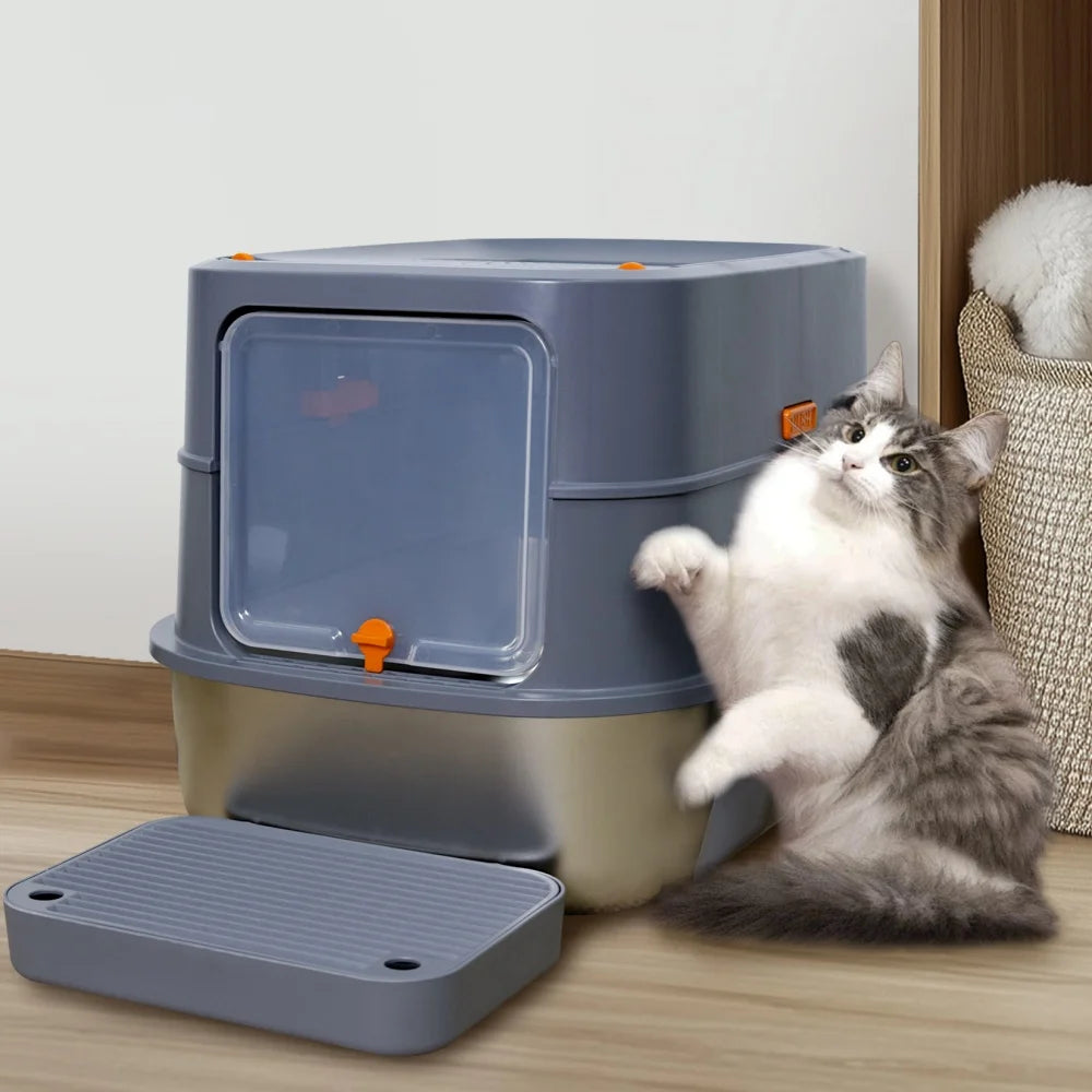 Extra Large Stainless Steel Cat Litter Box  Removable Lid with Scoop