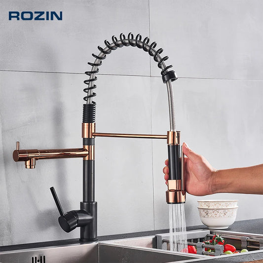 Rozin Black and Rose Golden Spring Pull Down Kitchen Sink Faucet