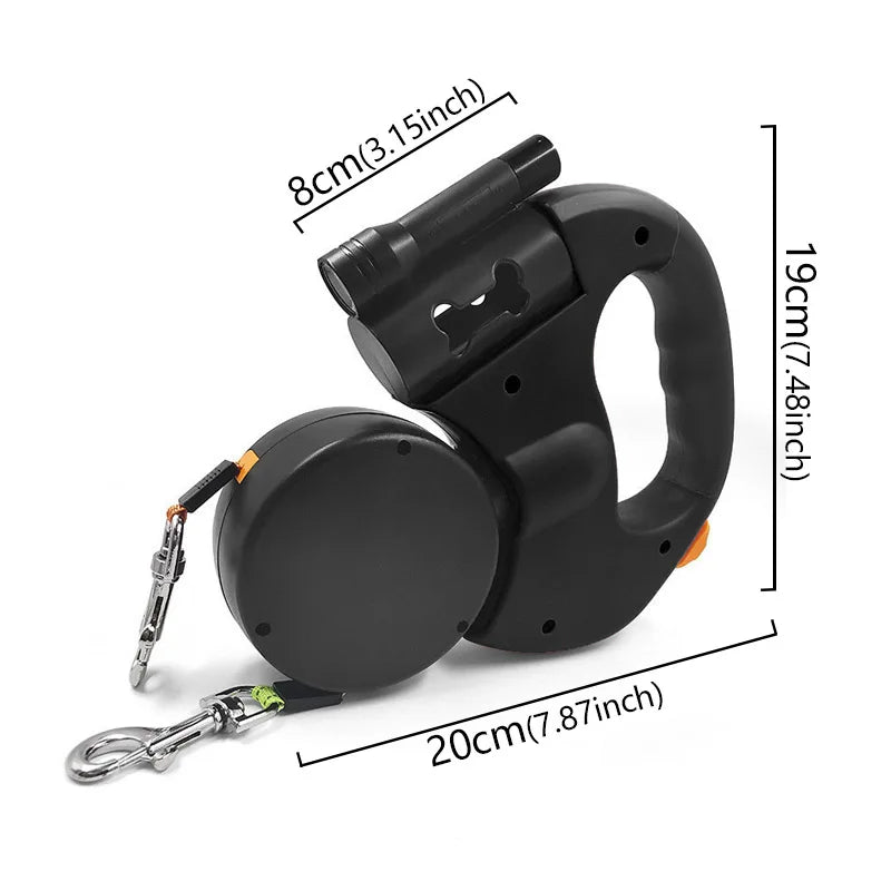 3in1 Double Head Automatic retractable Dog leash Flashlight Poop Bag Dispenser