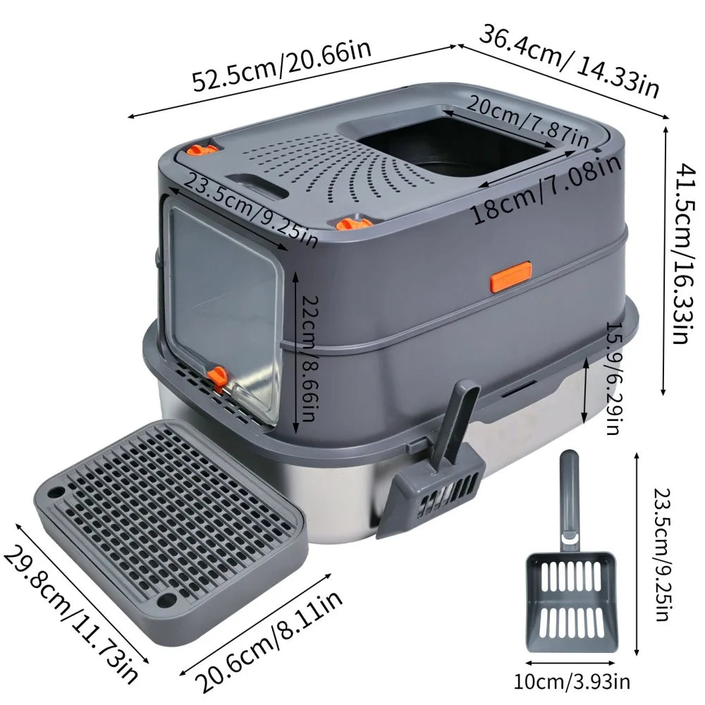 Extra Large Stainless Steel Cat Litter Box  Removable Lid with Scoop