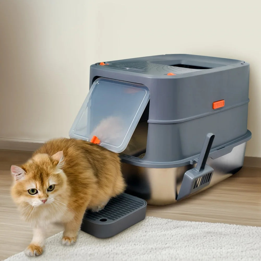 Extra Large Stainless Steel Cat Litter Box  Removable Lid with Scoop