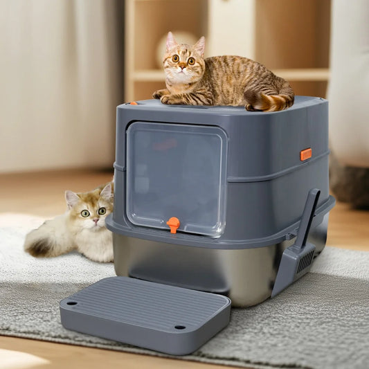 Extra Large Stainless Steel Cat Litter Box  Removable Lid with Scoop