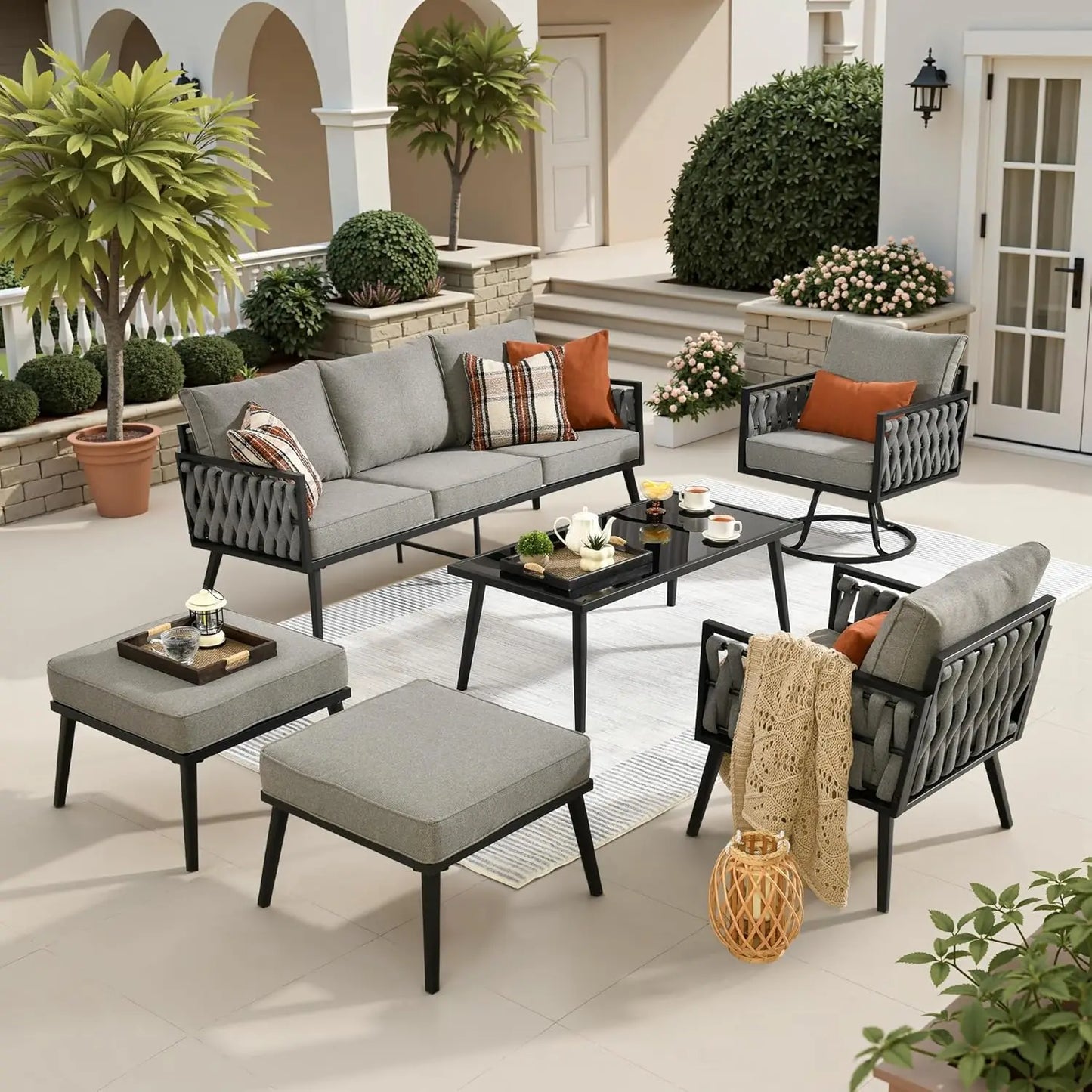 6 Pieces Patio Furniture Set with Swivel Chair,Metal Frame Modern Outdoor Sofa & Chairs Set,All Weather Outdoor Conversation
