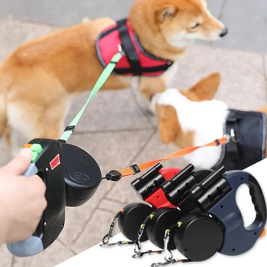 3in1 Double Head Automatic retractable Dog leash Flashlight Poop Bag Dispenser