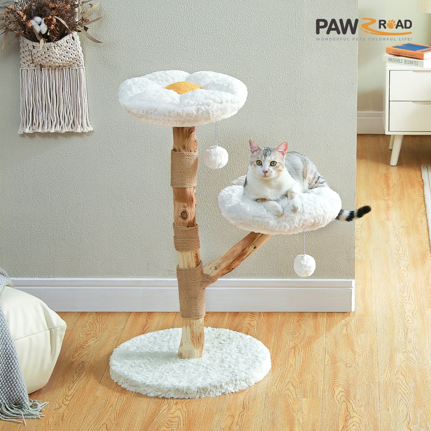 Modern Cat Tree Tower with Natural Solid Wood