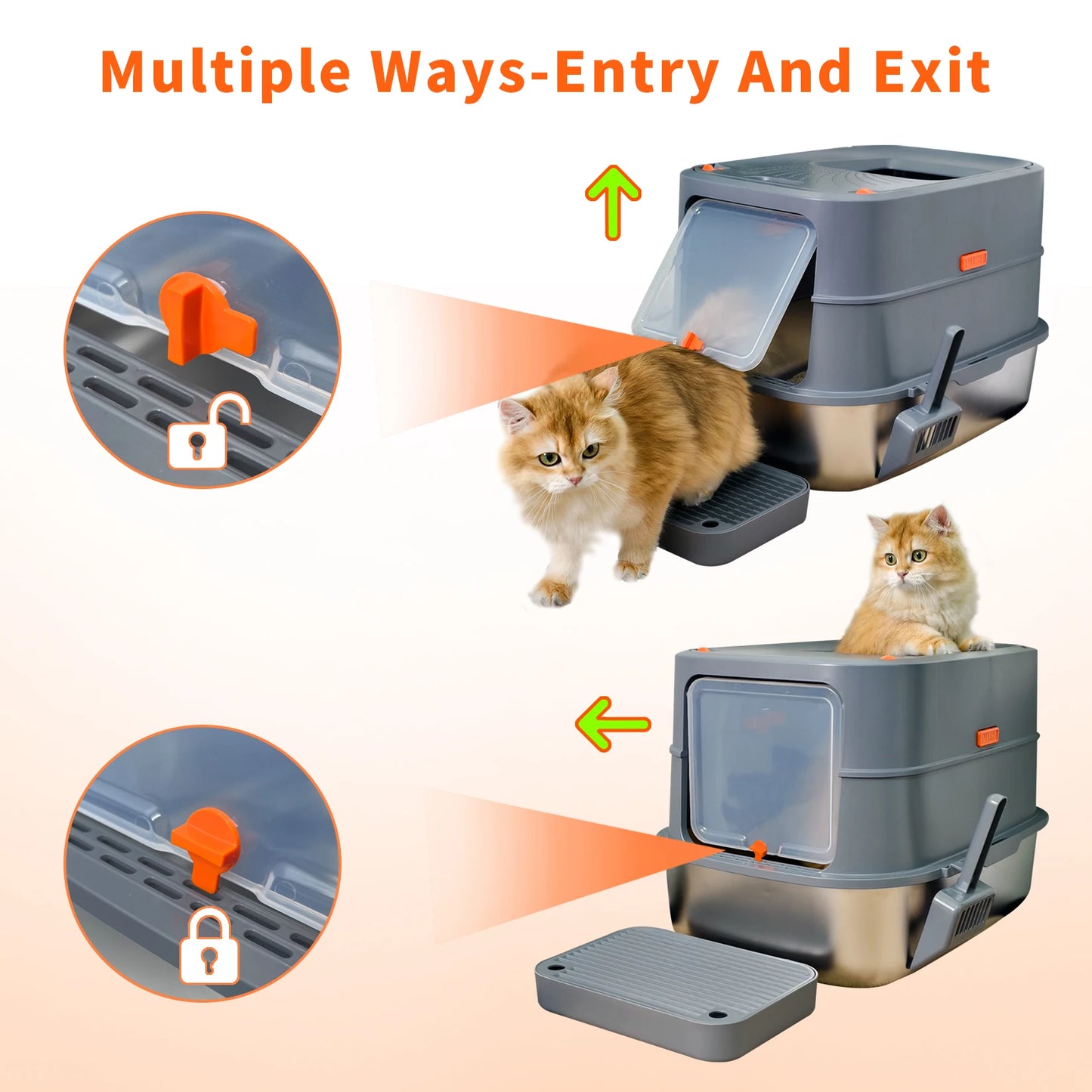 Extra Large Stainless Steel Cat Litter Box  Removable Lid with Scoop