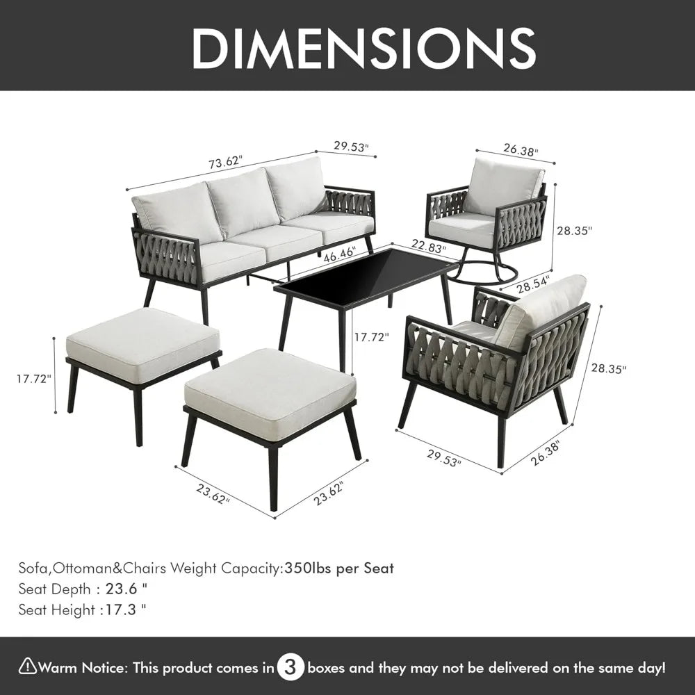 6 Pieces Patio Furniture Set with Swivel Chair,Metal Frame Modern Outdoor Sofa & Chairs Set,All Weather Outdoor Conversation