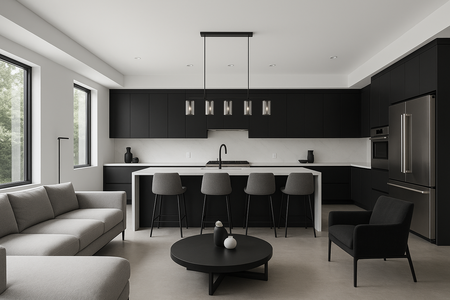 CREATE A MODERN BLACK, GREY AND WHITE KITCHEN AND LIVING ROOM