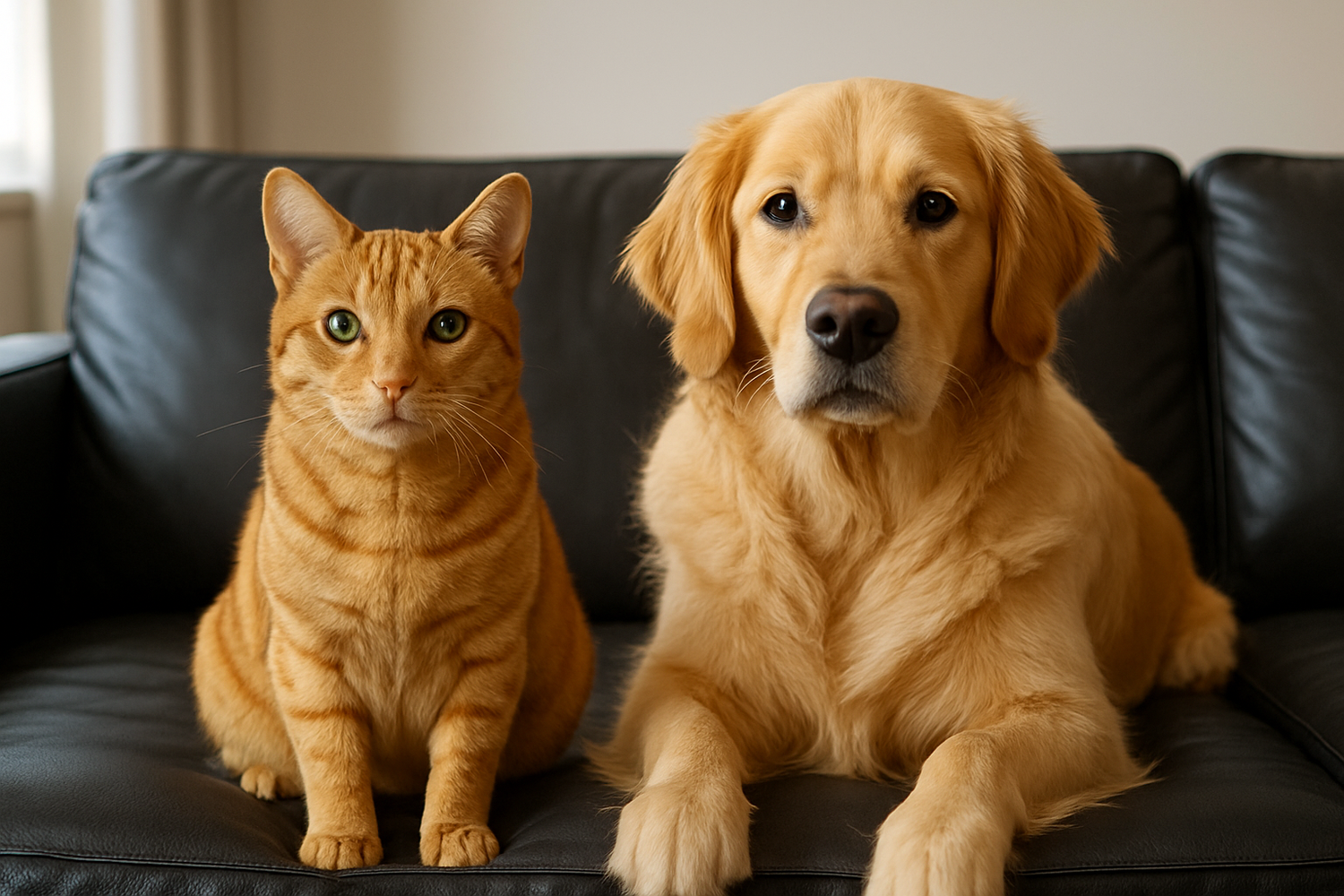 GIVE ME A REALISITIC CAT AND DOG SITTING ON A BLACK COUCH