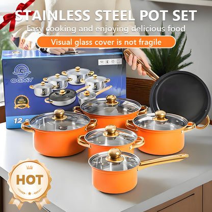 Red Cookware Set, 12-Piece ,Stainless Steel, Non-Stick,