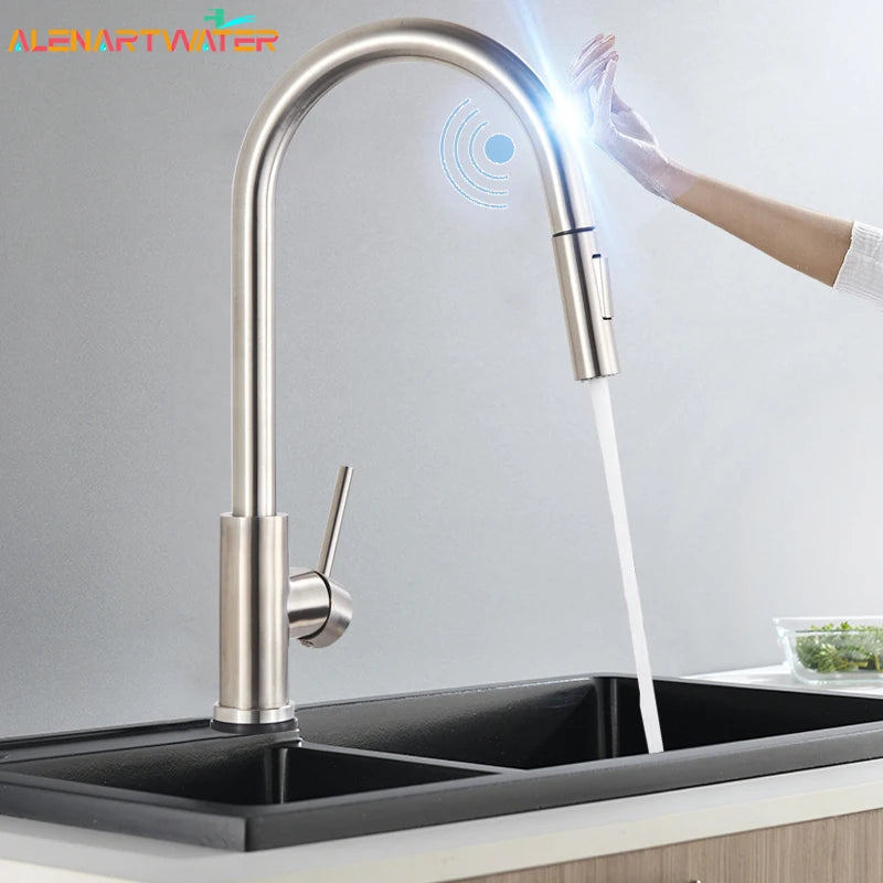 Black Sensor Kitchen Faucets Stainless Steel Smart I Pull Out  Handle Touch Control