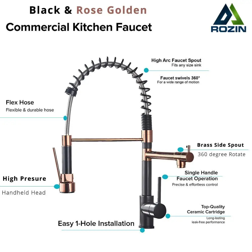 Rozin Black and Rose Golden Spring Pull Down Kitchen Sink Faucet