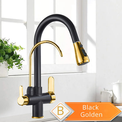 Black and Golden Filtered Crane For Kitchen Pull Out Sprayer