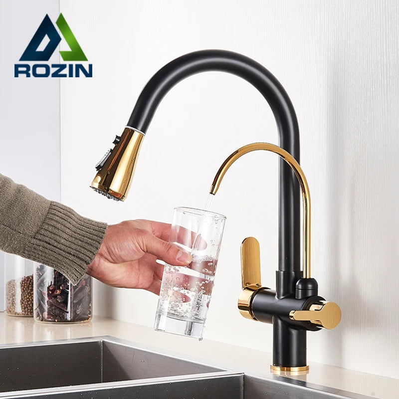 Black and Golden Filtered Crane For Kitchen Pull Out Sprayer