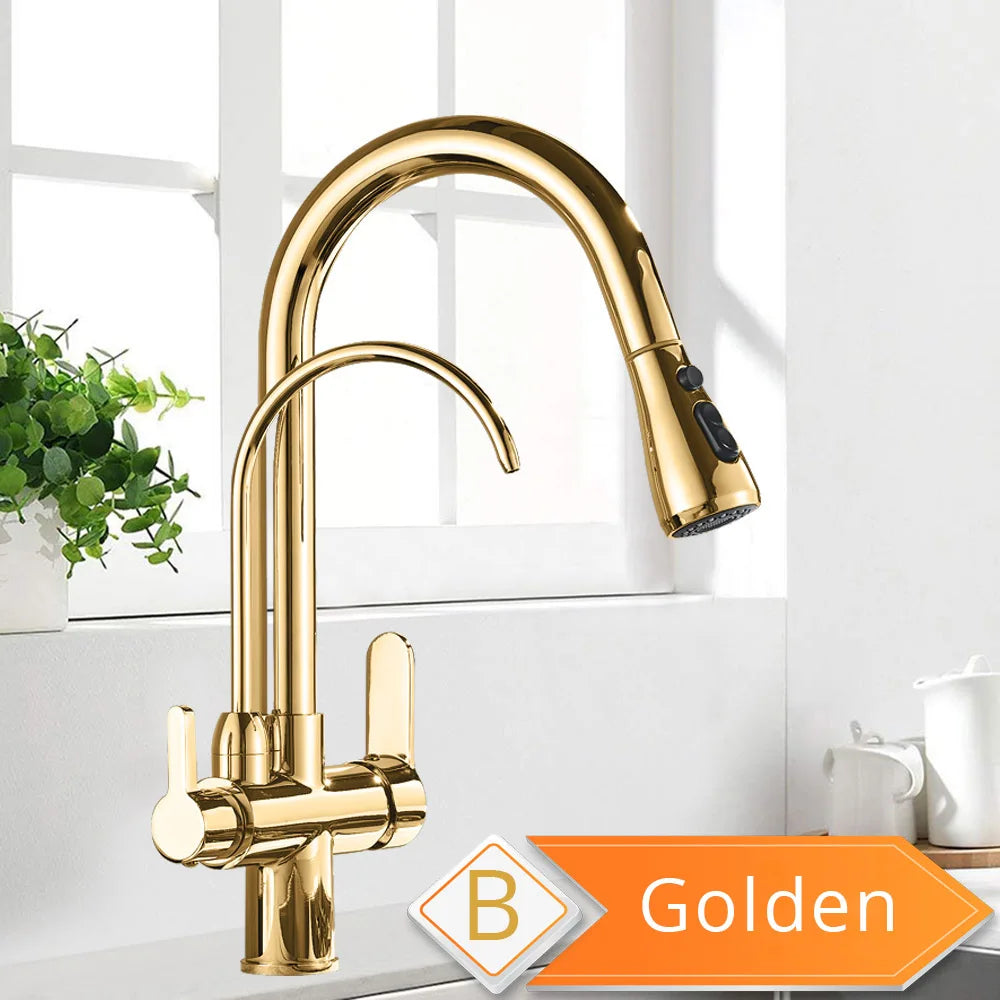 Black and Golden Filtered Crane For Kitchen Pull Out Sprayer