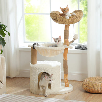 Modern Cat Tree Tower with Natural Solid Wood
