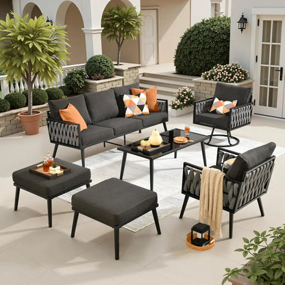 6 Pieces Patio Furniture Set with Swivel Chair,Metal Frame Modern Outdoor Sofa & Chairs Set,All Weather Outdoor Conversation