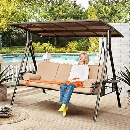 Oversized Outdoor Porch Swing with Hardtop, 3 Seat Patio Swing