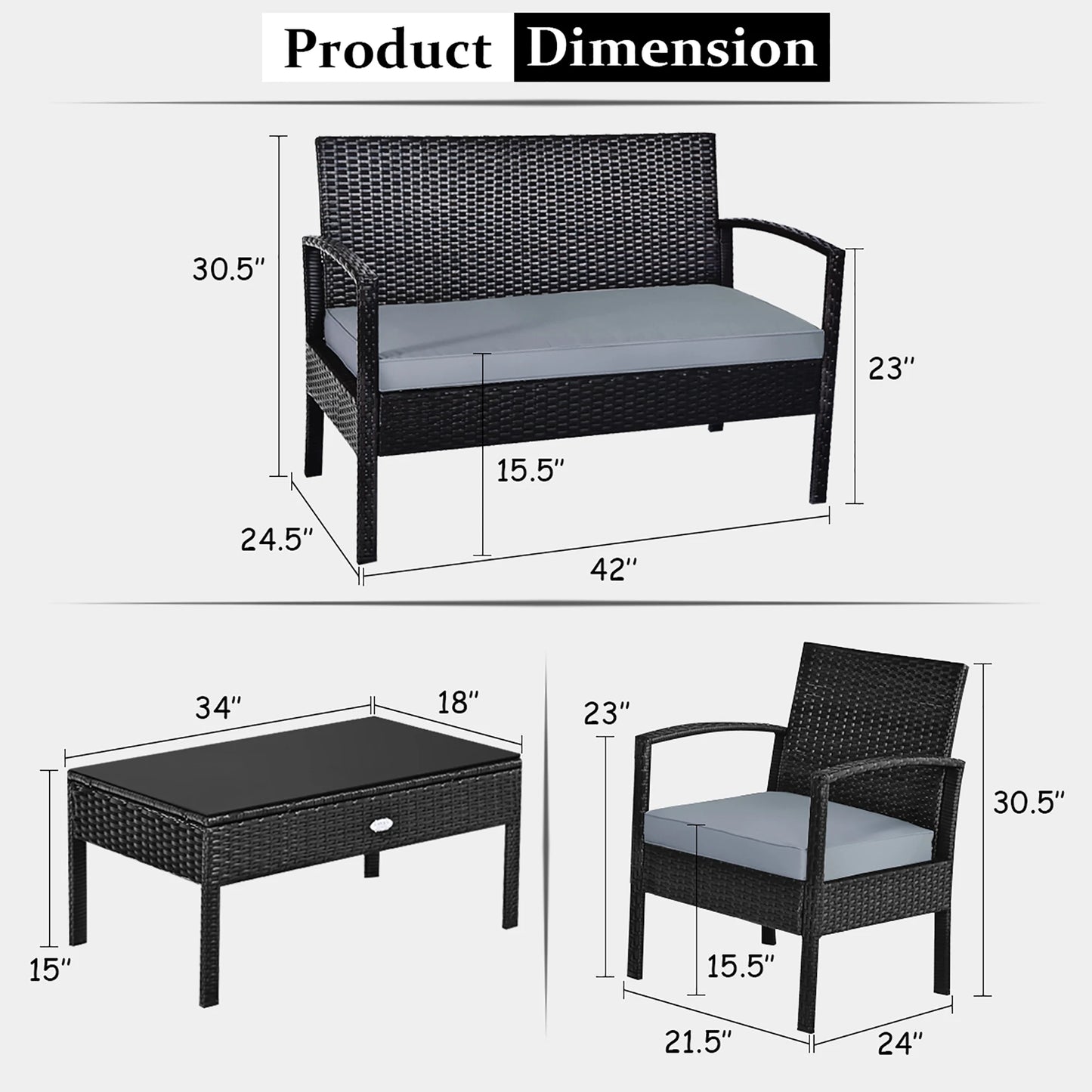 4pcs Outdoor Patio Rattan Wicker Set Table Sofa Cushioned Deck Black
