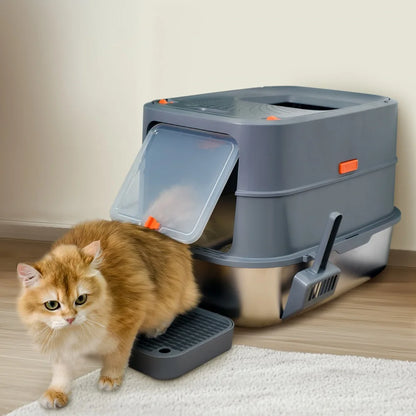 Extra Large Stainless Steel Cat Litter Box  Removable Lid with Scoop