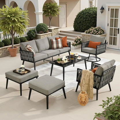 6 Pieces Patio Furniture Set with Swivel Chair,Metal Frame Modern Outdoor Sofa & Chairs Set,All Weather Outdoor Conversation